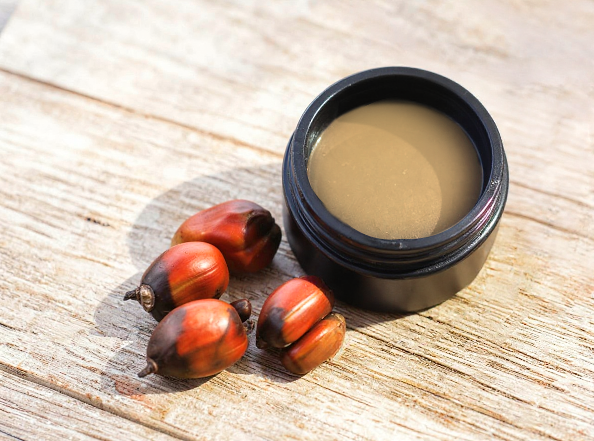 Black jar of batana oil with palm kernels on a wooden surface
