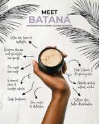 Hand holding up a jar of Batana product with descriptions of Batana oil properties