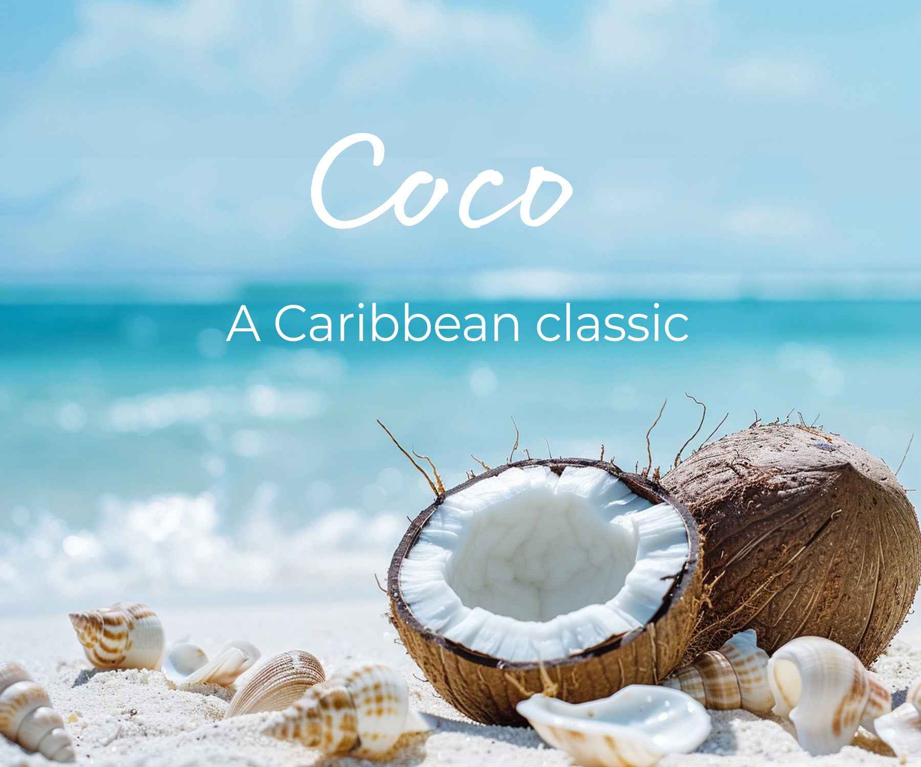 Coco fragrance slide description with coconuts on beach