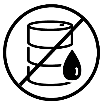Safety icon indicating petroleum free products with a crossed-out barrel and droplet.