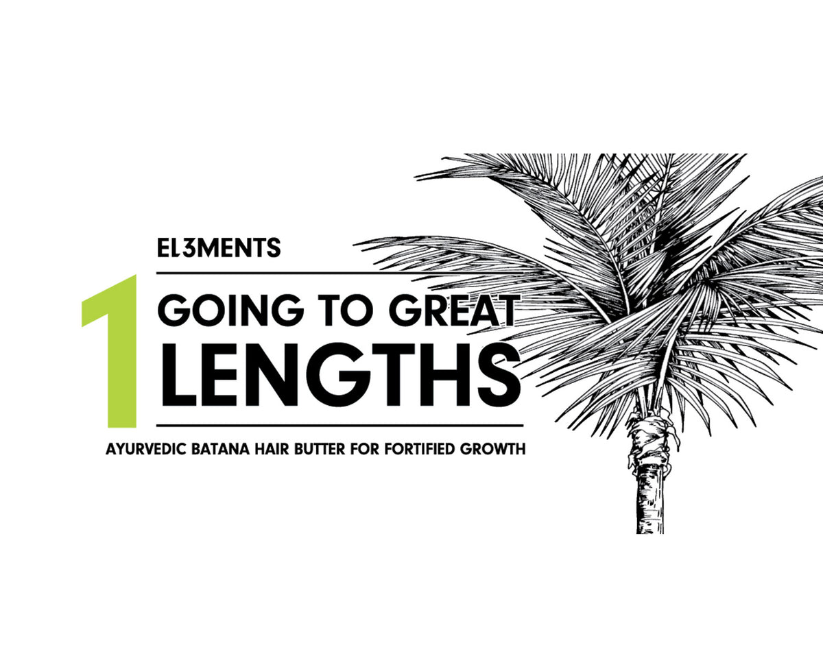 Label for El3ments Ayurvedic Batana Hair Butter with palm tree illustration on a white background.