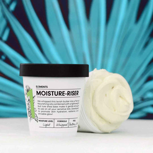 MOISTURE-RISER whipped Body Butter jars showing texture on blue palm background