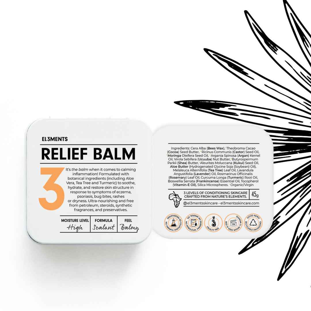 Solid body butter level 3 Relief balm depicting ingredients list on white background