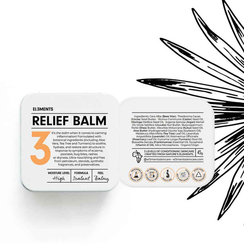 Solid body butter level 3 Relief balm depicting ingredients list on white background