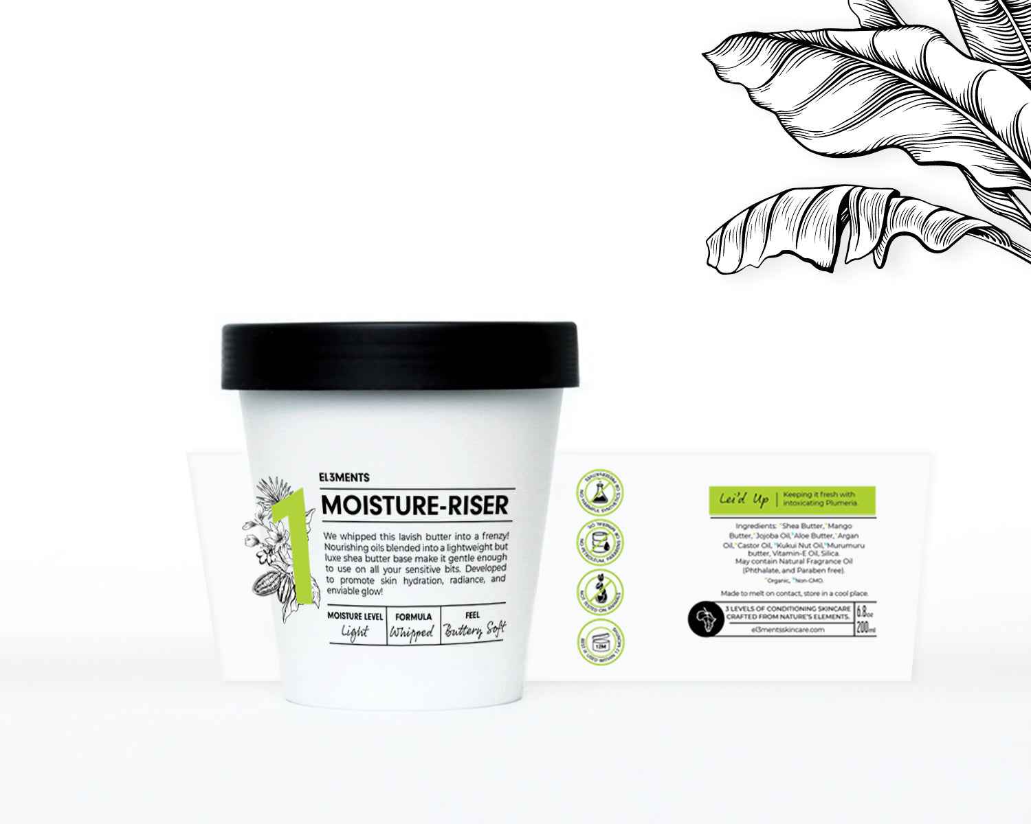 Moisture-riser whipped body butter jar level 1 ingredients label on white background