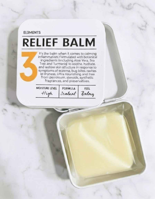 Solid body butter level 3 Relief balm packaging on white marble background