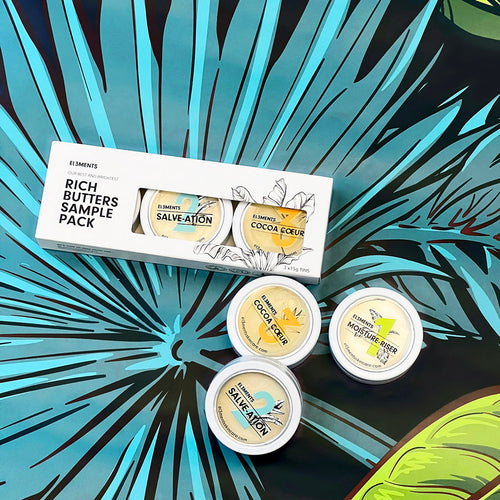 El3ments Rich Butters Sample Pack with additional aluminum tins  on a tropical background