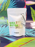 Shea butter packaging with a colorful leafy background
