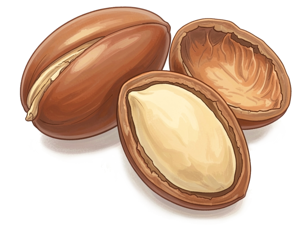 Illustration of two argan nuts with a split shell on a white background