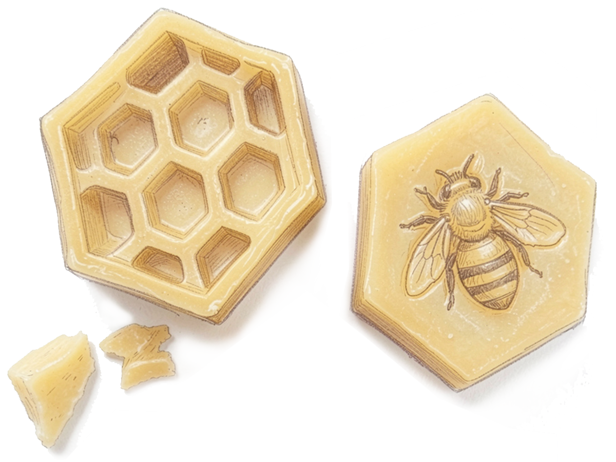 Beeswax mold with honeycomb and bee design on a white background