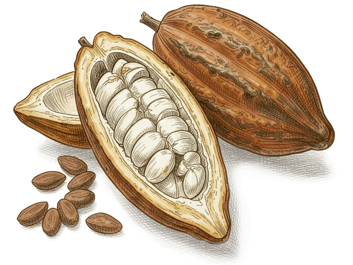 Illustration of a cocoa pod with beans and seeds on a white background