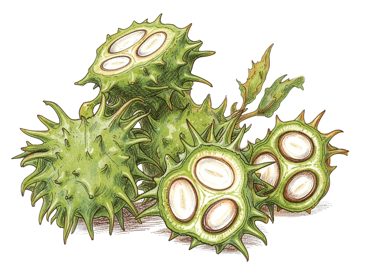 Illustration of spiky green castor oil seed pods with a white background