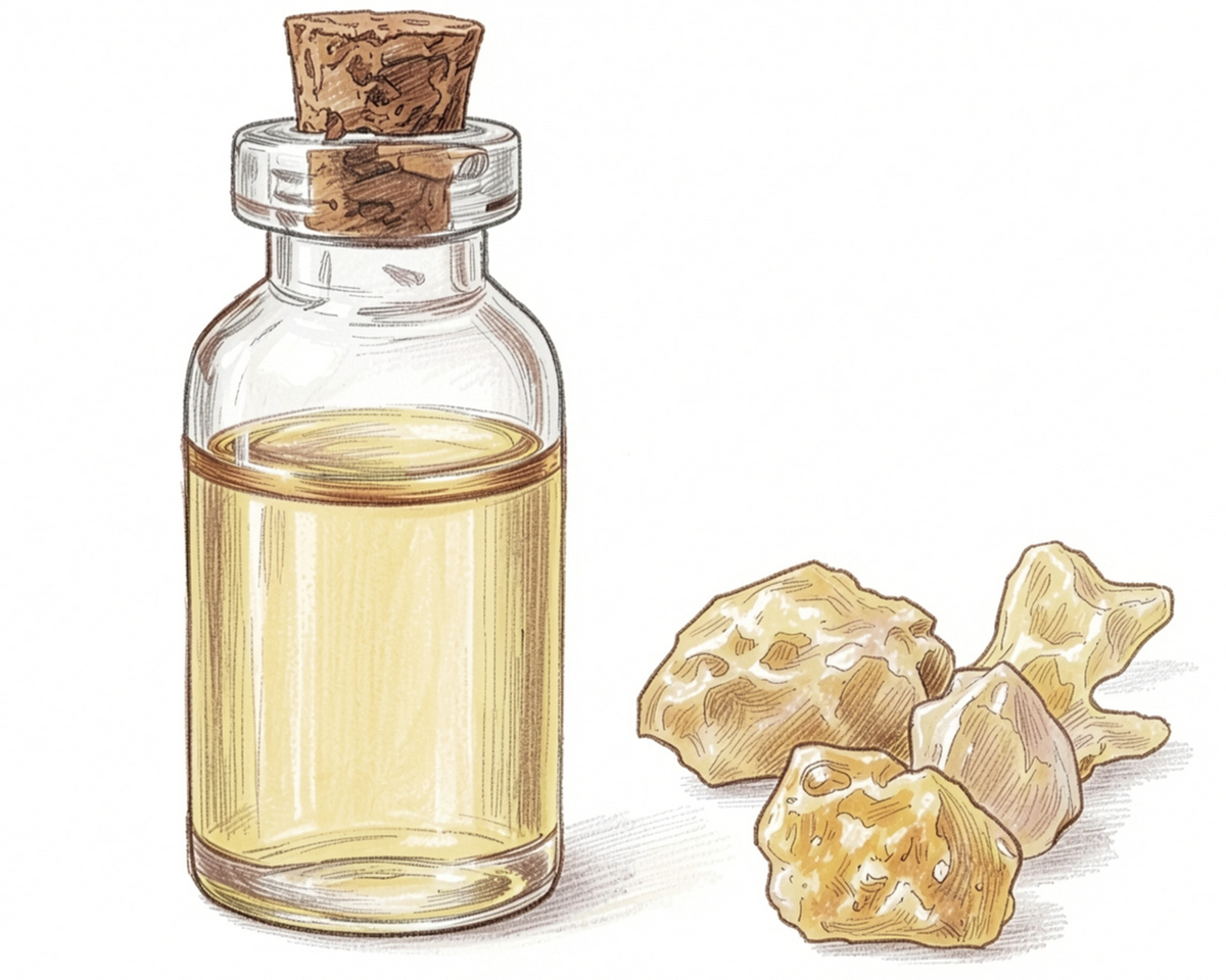Illustration of a bottle of frankincense oil  next to three pieces of frankincense resin on a white background.