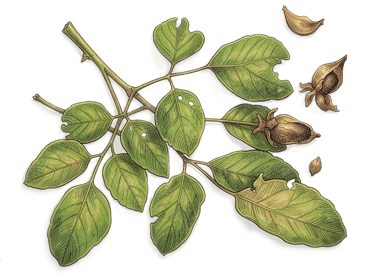 Illustration of a moringa branch with leaves and brown seeds on a white background