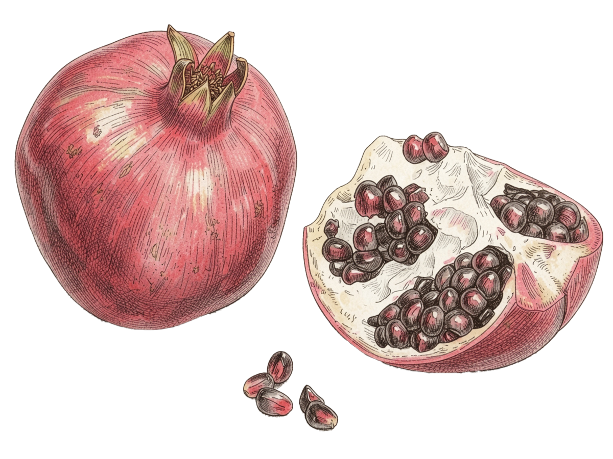 botanical sketch of an open pomegranate