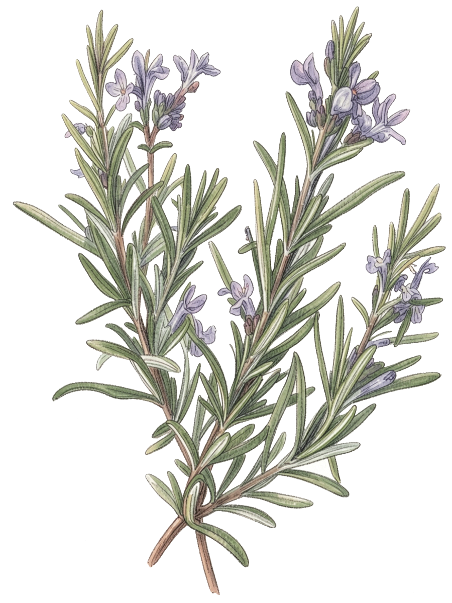 Illustration of a rosemary plant with green leaves and purple flowers on a white background