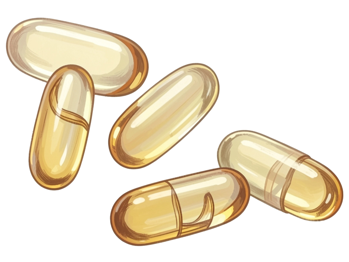 Five transparent yellow vitamin-e capsules on a white background